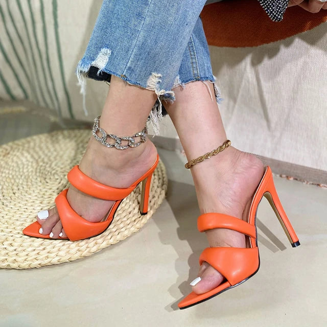 Liyke Pointed Toe Gold High Heels Slippers Cozy Pu Leather Summer Party Banquet Shoes Sandalias De Mujer