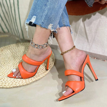 Liyke Pointed Toe Gold High Heels Slippers Cozy Pu Leather Summer Party Banquet Shoes Sandalias De Mujer