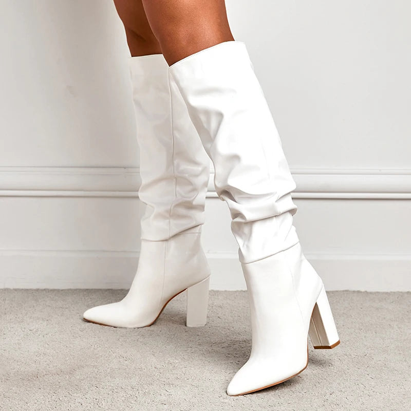 Liyke Pointed Toe Motorcycle Knee High Boots Black Pleated Leather Square High Heels Party Stripper Shoes Booties