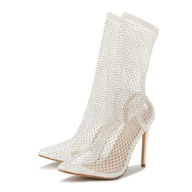Liyke Yellow Green Mesh Ankle Boots Crystal Stretch Fabric Socks Shoes Party Nightclub Stripper Heels Pumps