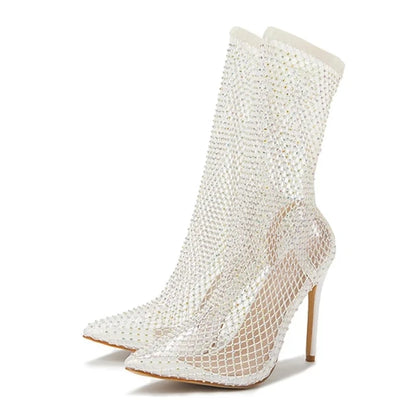 Liyke Yellow Green Mesh Ankle Boots Crystal Stretch Fabric Socks Shoes Party Nightclub Stripper Heels Pumps