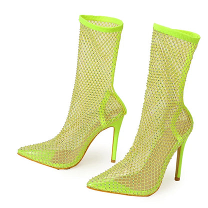 Liyke Yellow Green Mesh Ankle Boots Crystal Stretch Fabric Socks Shoes Party Nightclub Stripper Heels Pumps