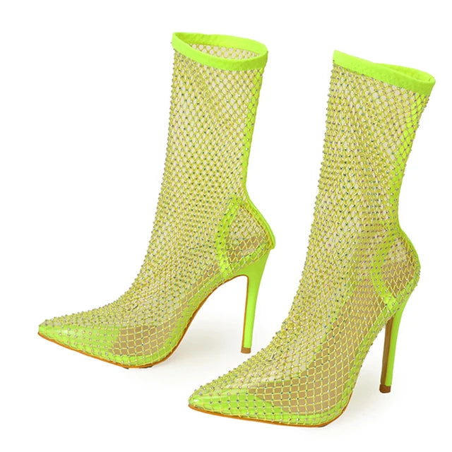 Liyke Yellow Green Mesh Ankle Boots Crystal Stretch Fabric Socks Shoes Party Nightclub Stripper Heels Pumps