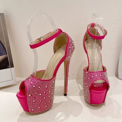 Liyke Summer Crystal Rhinestone Silk Platform Sandals Peep Toe Stripper Heels Wedding Banquet Shoes Pumps