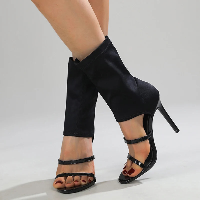 Liyke Summer Design Open Toe Slip-on Elastic Boots Sandals White Cut-out Thin High Heels Ankle Booties Shoes
