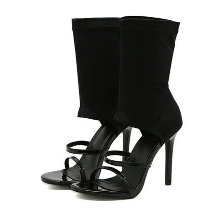 Liyke Summer Design Open Toe Slip-on Elastic Boots Sandals White Cut-out Thin High Heels Ankle Booties Shoes