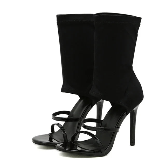 Liyke Summer Design Open Toe Slip-on Elastic Boots Sandals White Cut-out Thin High Heels Ankle Booties Shoes