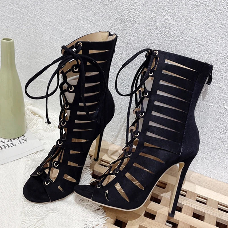 Liyke Summer Hollow Out Cross Tied Ankle Boots Sandals Gladiator Peep Toe Zip Thin High Heels Shoes Black