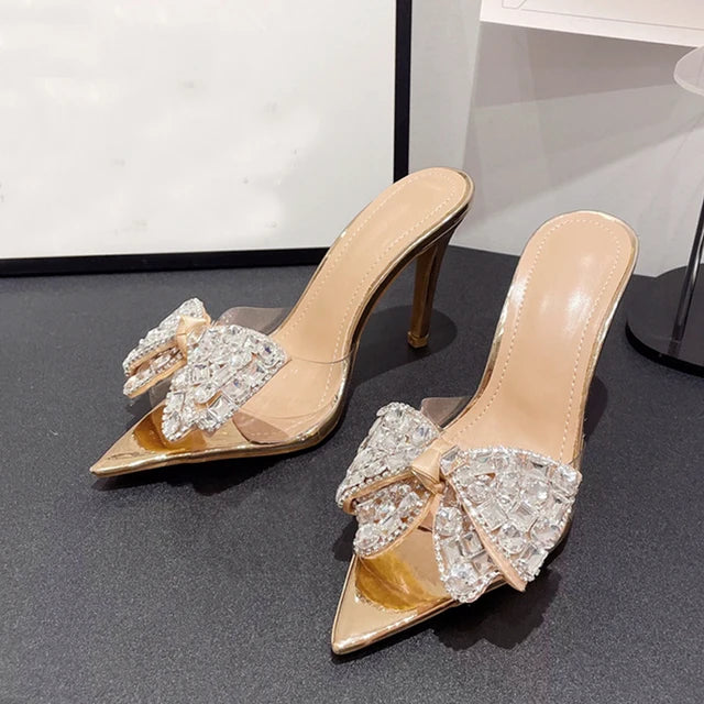 Liyke Summer Golden Silver High Heels Slippers – Crystal Bowknot Pointed Toe Dress Shoes