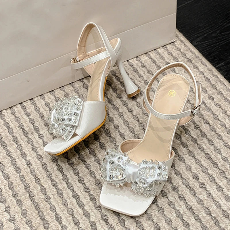 Liyke White Sandals: 9cm Gladiator High Heels With Crystal Bowknot for – Square Toe Party Dress Shoes