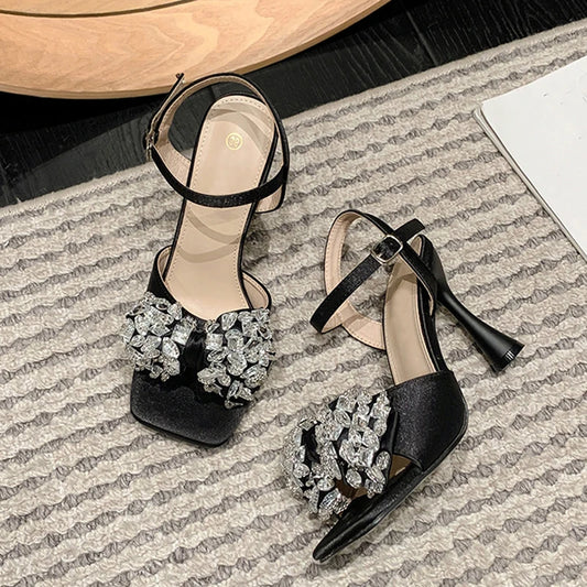 Liyke White Sandals: 9cm Gladiator High Heels With Crystal Bowknot for – Square Toe Party Dress Shoes