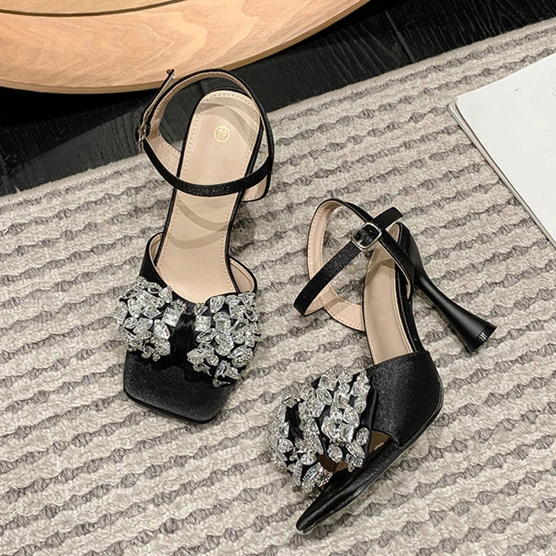 Liyke White Sandals: 9cm Gladiator High Heels With Crystal Bowknot for – Square Toe Party Dress Shoes