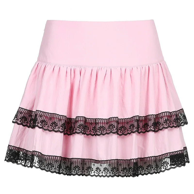 Gothic New Academy Style Pink Double Lace Stitched Skirt
