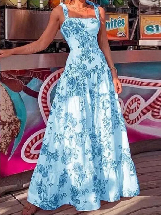 Long Dresses for Flower Printed Spaghetti Strap High Waist Large Skirt Hem Maxi Dress Summer Beach Party