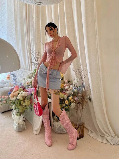 Long Flare Sleeve Blouses for Lace-up Mesh Sweet Hot Korean Style All-match Design