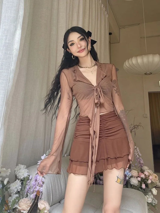 Long Flare Sleeve Blouses for Lace-up Mesh Sweet Hot Korean Style All-match Design