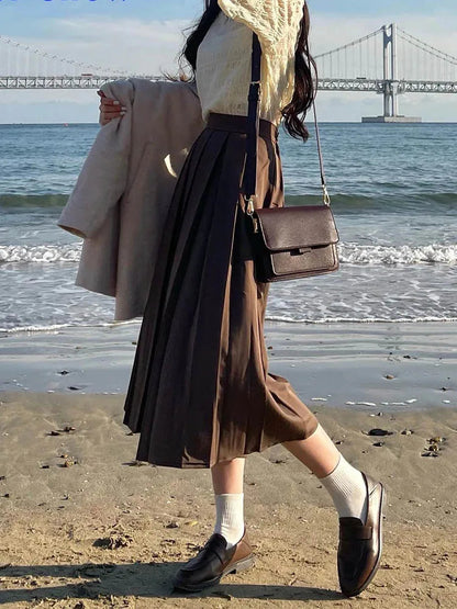 Dressbetty - Brown Summer Korean High Waist Midi A-line Skirt