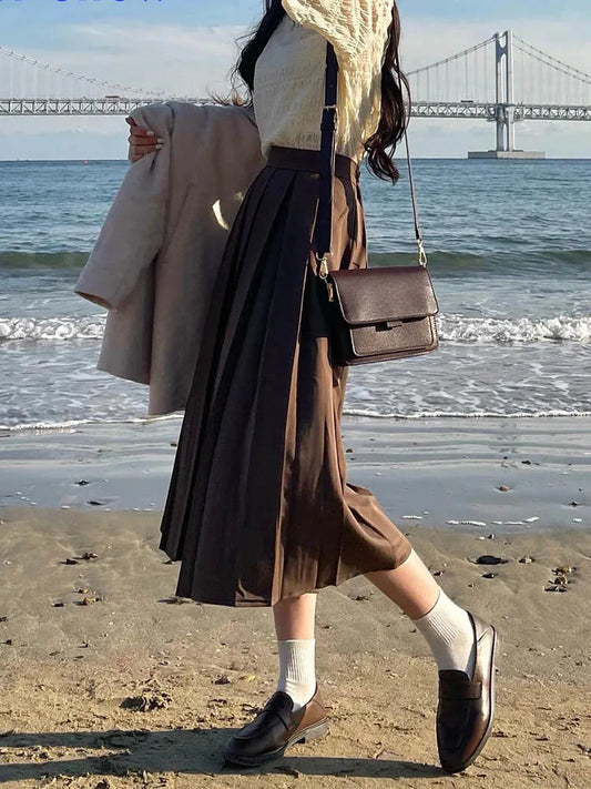Dressbetty - Brown Summer Korean High Waist Midi A-line Skirt
