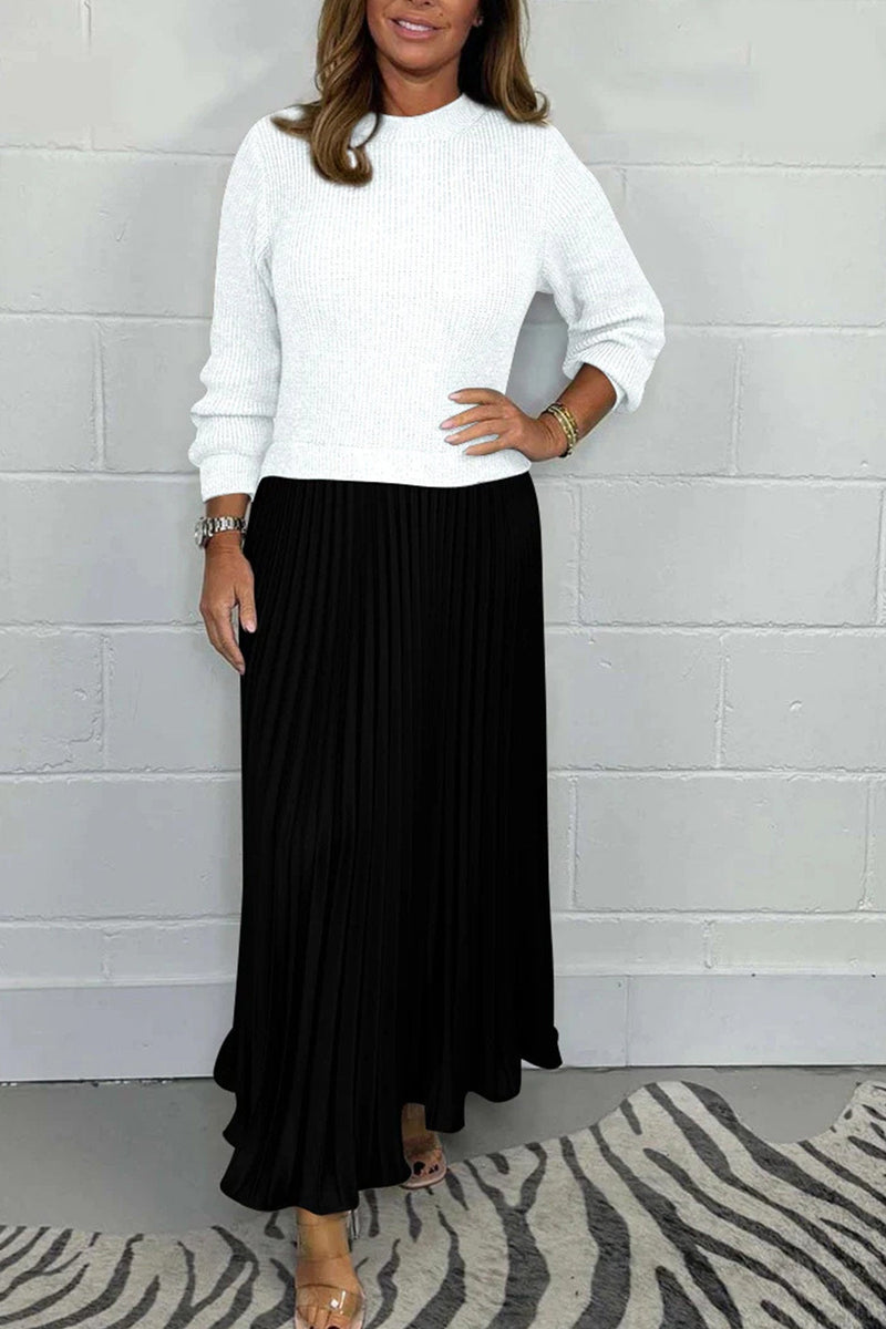 Long Sleeve Knit Patchwork Pleated Maxi Dress