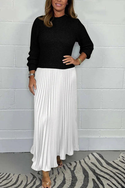 Long Sleeve Knit Patchwork Pleated Maxi Dress