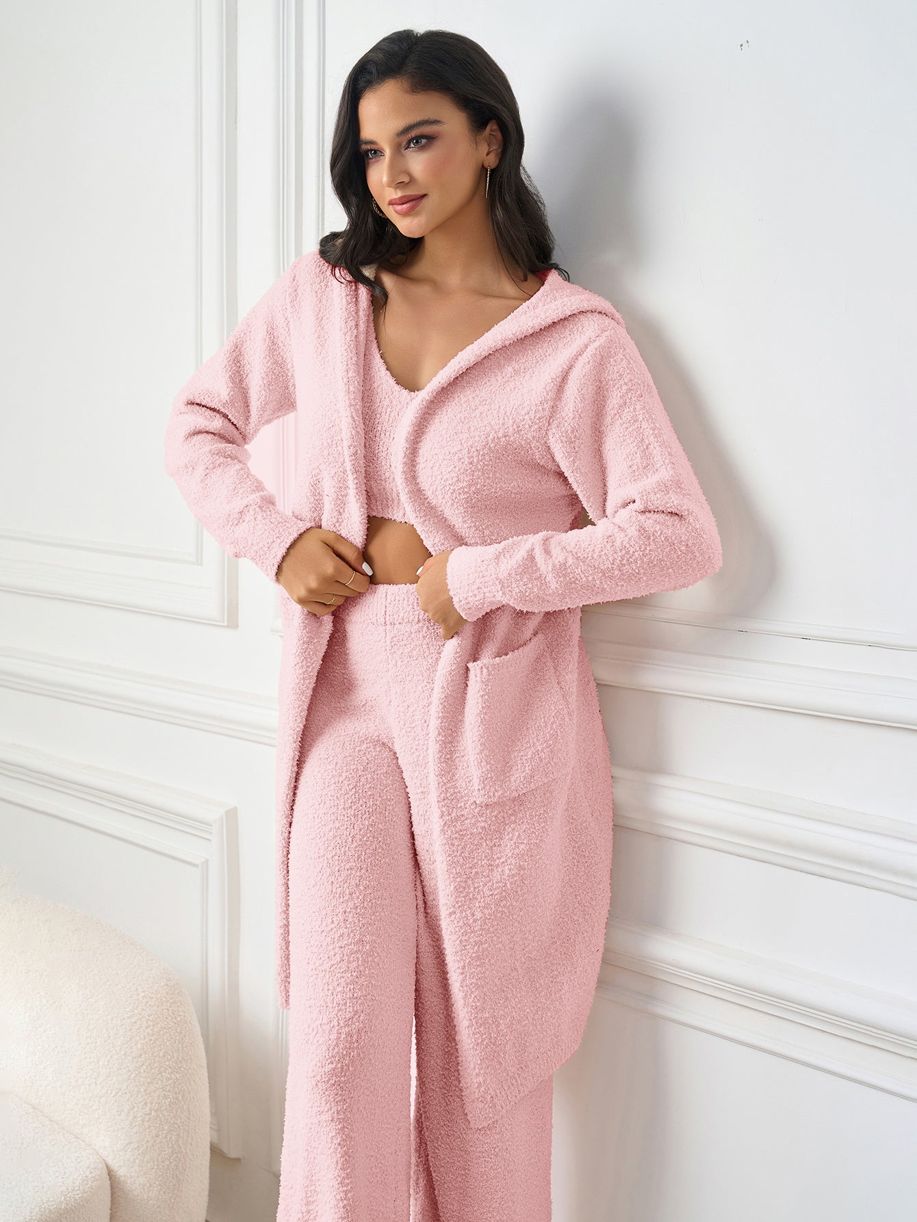 Long Sleeve Pocket Belted Hood Sweater