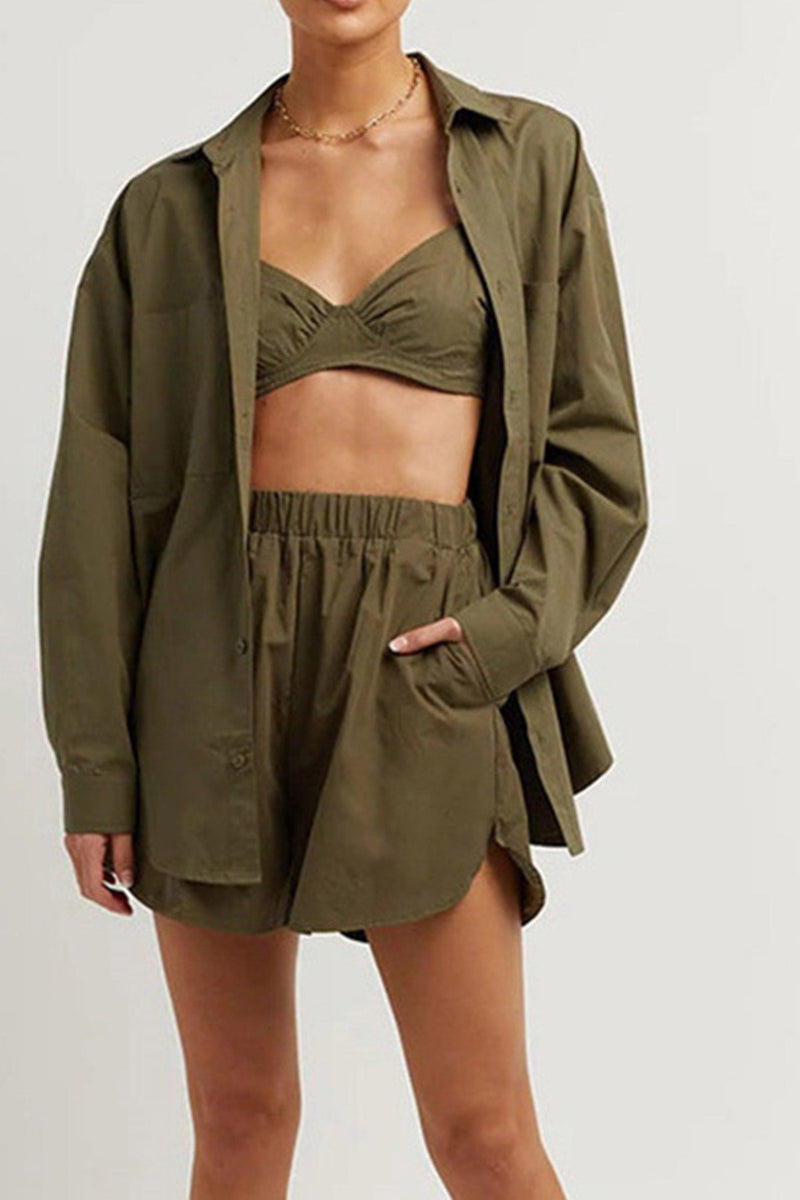 Long Sleeve Shirt Vest Three-piece Shorts Set