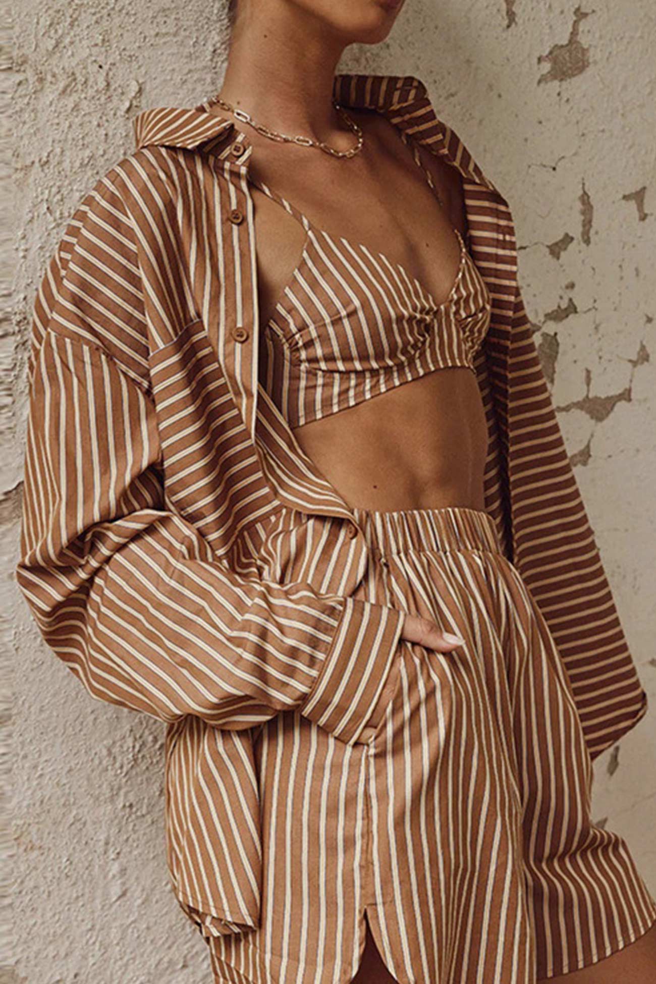Long Sleeve Shirt Vest Three-piece Shorts Set