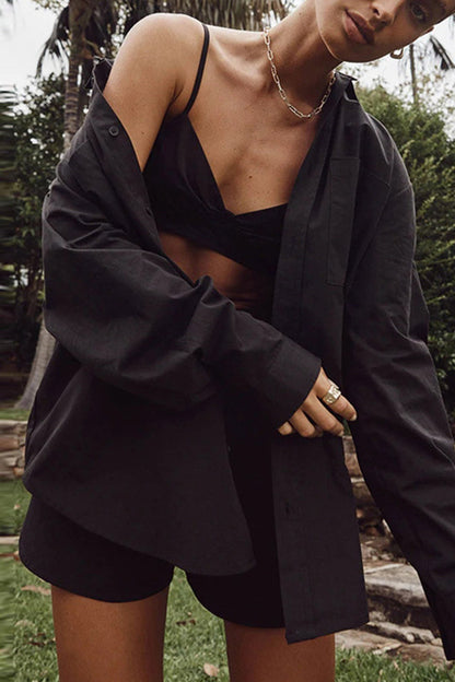 Long Sleeve Shirt Vest Three-piece Shorts Set