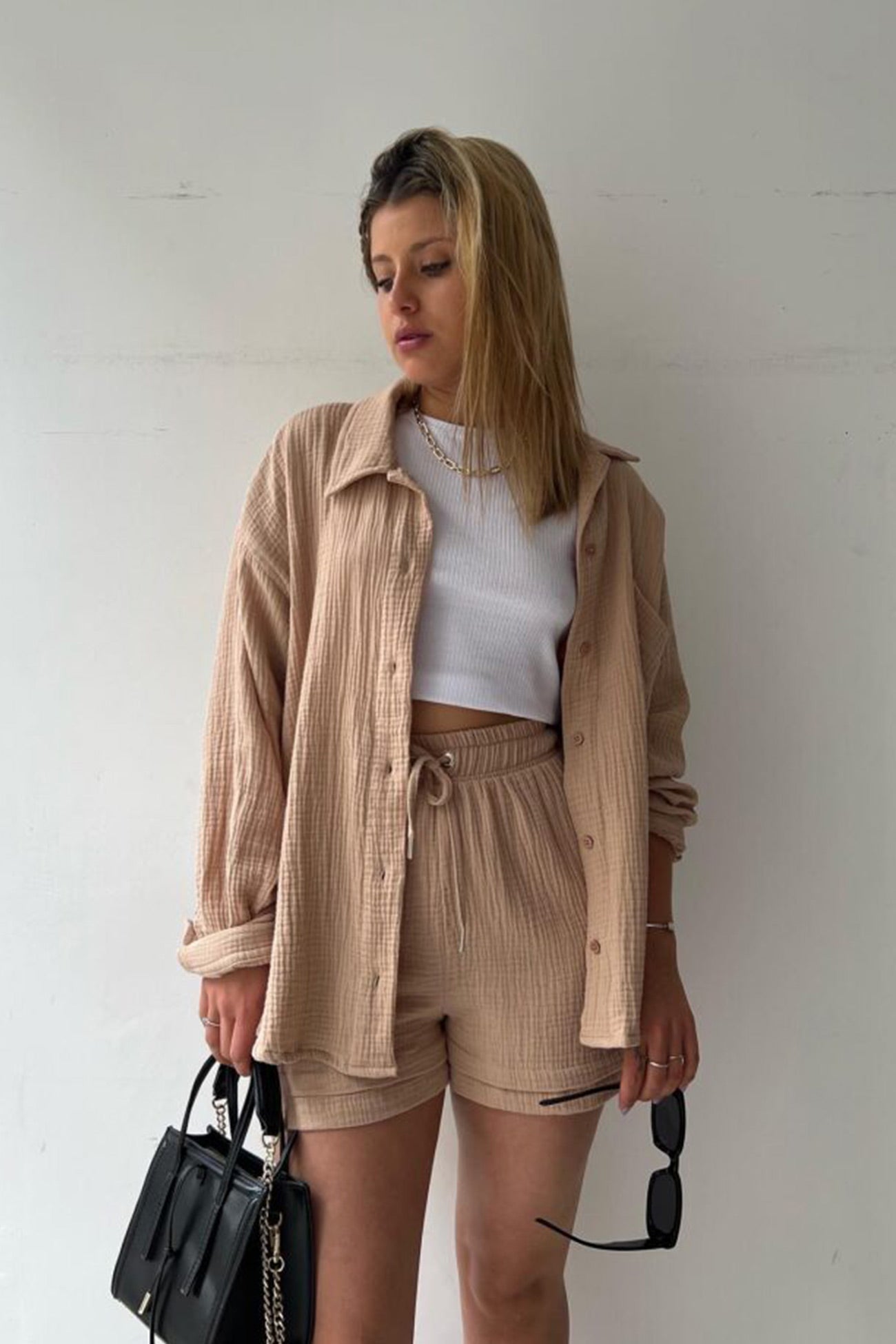 Long Sleeve Color Shirt Shorts Set