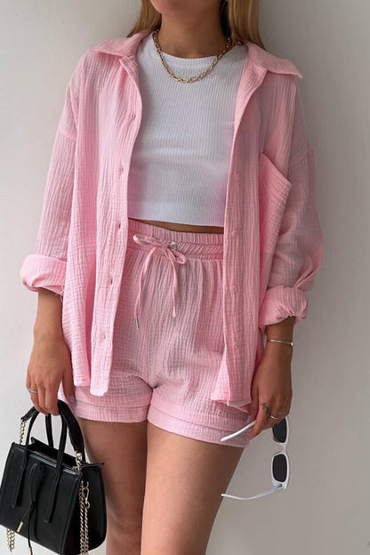 Long Sleeve Color Shirt Shorts Set