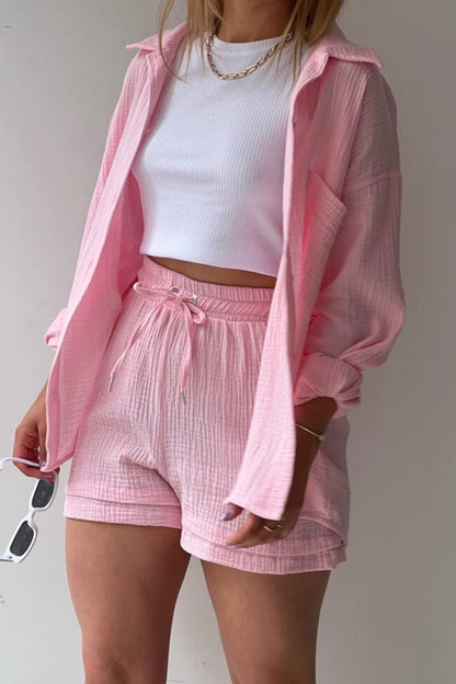 Long Sleeve Color Shirt Shorts Set