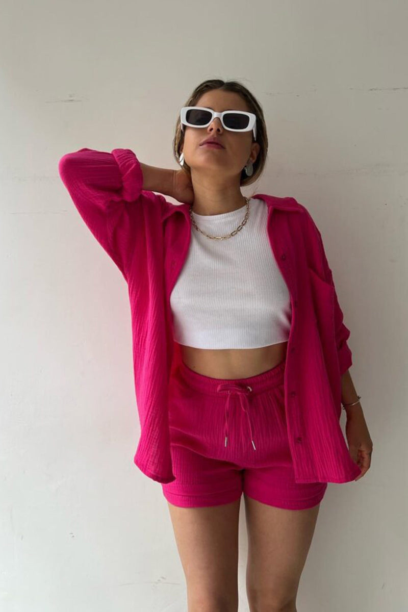 Long Sleeve Color Shirt Shorts Set