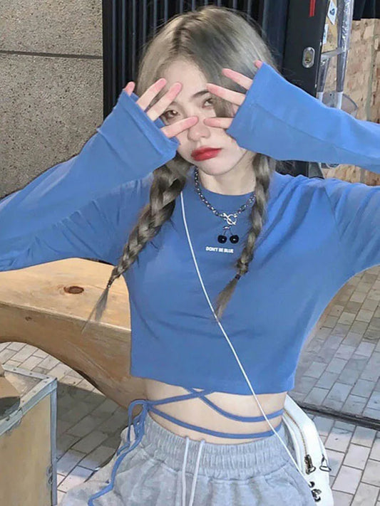 Long Sleeve T-shirts Design Crop Ins Prevalent Bandage Tops Harajuku Ulzzang Street Spring Female Ropa Hot Skinny New