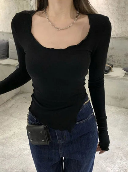 Long Sleeve T-shirts Fungus Line Irregular Hem Knitted Slender Autumn Bottoming Tees Ulzzang New