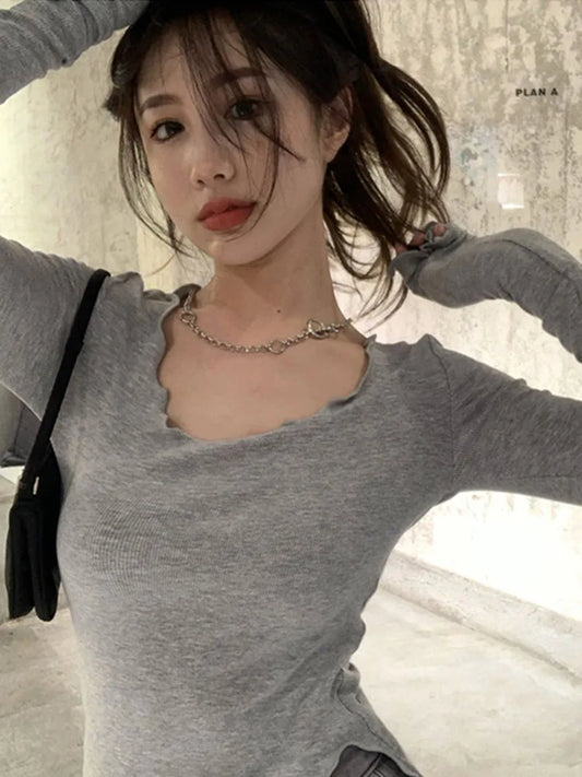 Long Sleeve T-shirts Fungus Line Irregular Hem Knitted Slender Autumn Bottoming Tees Ulzzang New