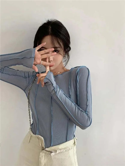 Long Sleeve T-shirts Spring O-neck Bright Line Decoration Slim Soft Clothing Tees