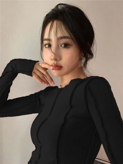 Long Sleeve T-shirts Spring O-neck Bright Line Decoration Slim Soft Clothing Tees
