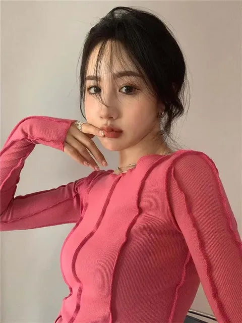 Long Sleeve T-shirts Spring O-neck Bright Line Decoration Slim Soft Clothing Tees
