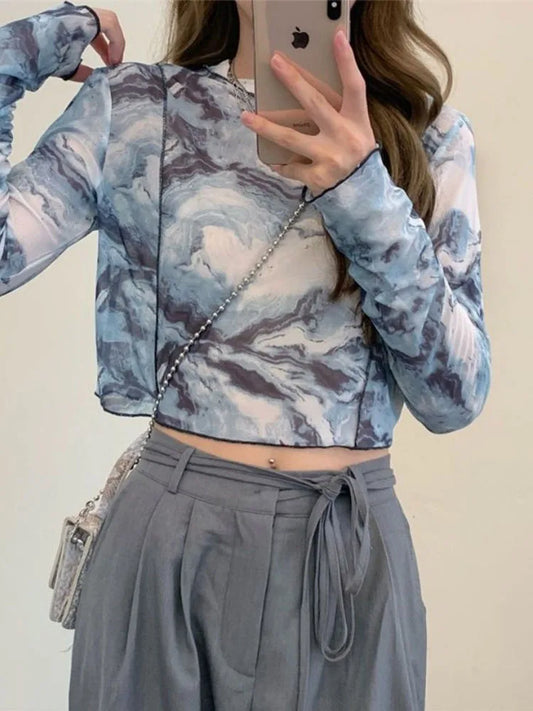Long Sleeve T-shirts Tie-dye Printed Summer Sun-proof Cropped Tops High Street Gauze Korean Style Teens Retro