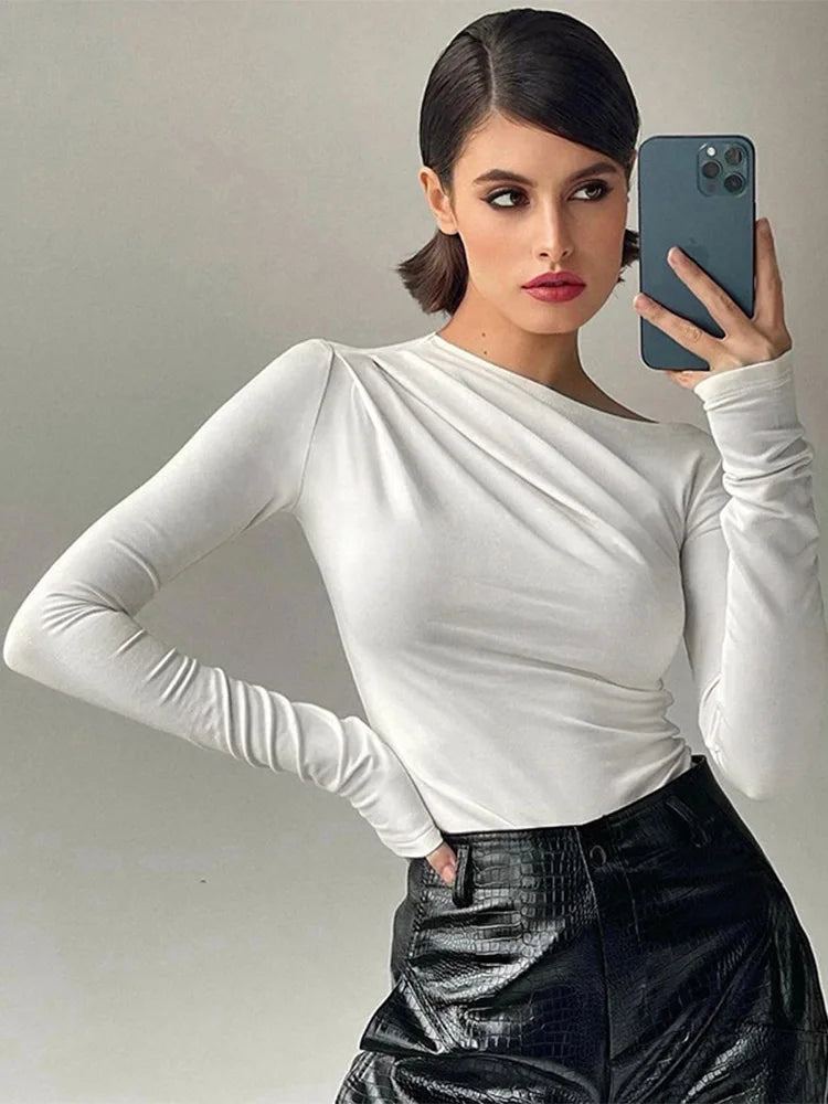 Long Sleeve Top White T-shirts Basic Crop Top Autumn Pollover Skew Neck T Shirt Basic Black Y2k Tees