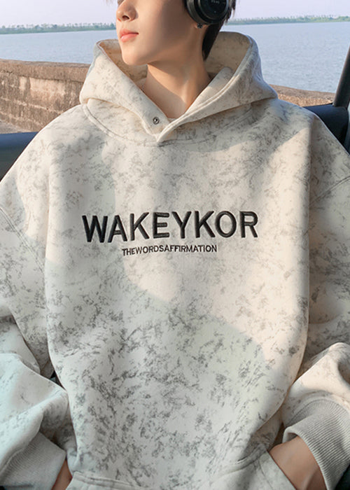 Loose Apricot Hooded Tie Dye Letter Warm Fleece Sweatshirts Winter Rp050