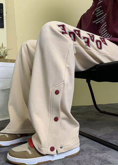 Loose Apricot Letter Button Side Open Warm Fleece Pants Winter Wa042