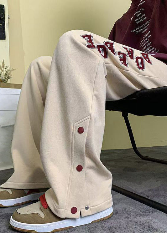 Loose Apricot Letter Button Side Open Warm Fleece Pants Winter Wa042
