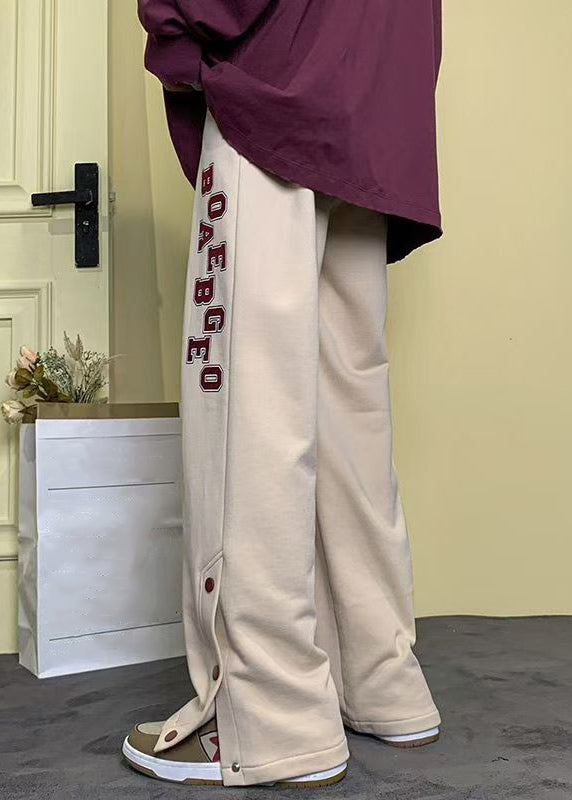 Loose Apricot Letter Button Side Open Warm Fleece Pants Winter Wa042