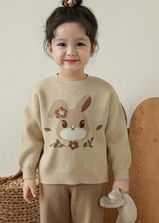 Loose Apricot O-neck Print Cotton Knit Kids Sweater Winter Wl037