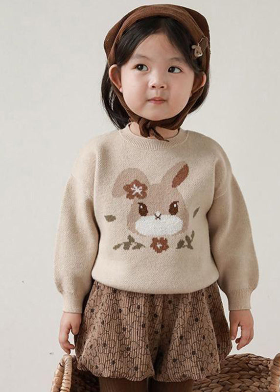 Loose Apricot O-neck Print Cotton Knit Kids Sweater Winter Wl037