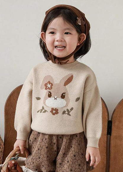 Loose Apricot O-neck Print Cotton Knit Kids Sweater Winter Wl037