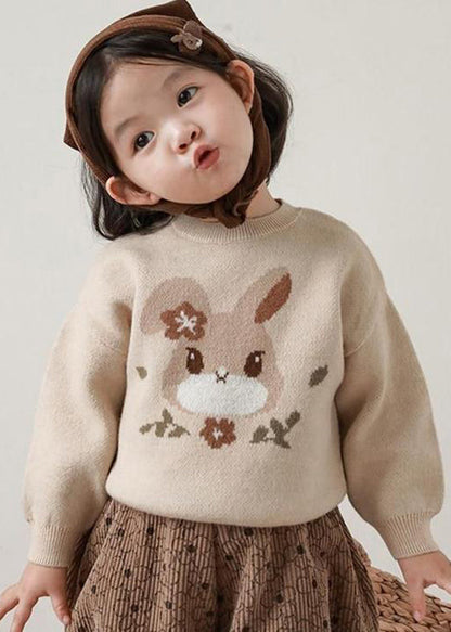 Loose Apricot O-neck Print Cotton Knit Kids Sweater Winter Wl037