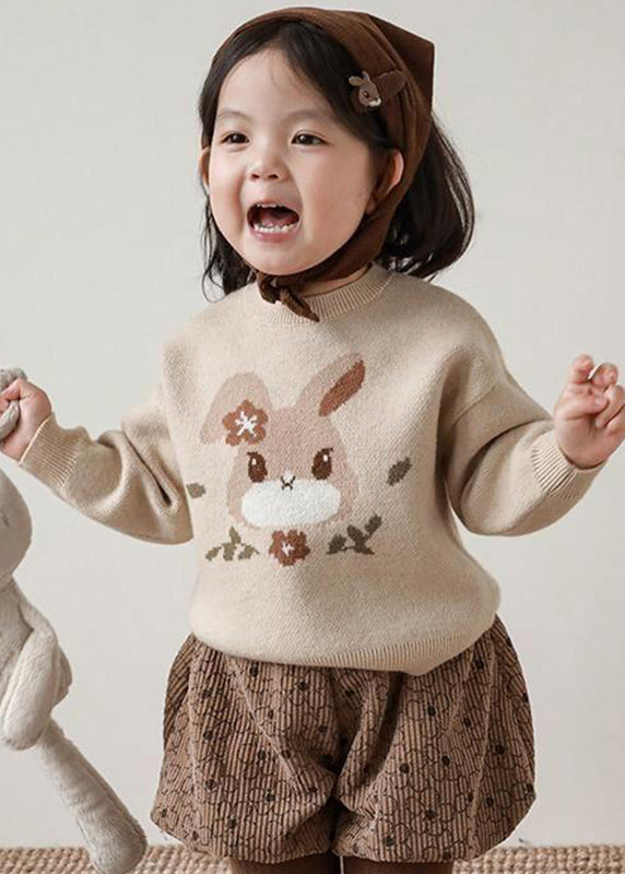 Loose Apricot O-neck Print Cotton Knit Kids Sweater Winter Wl037