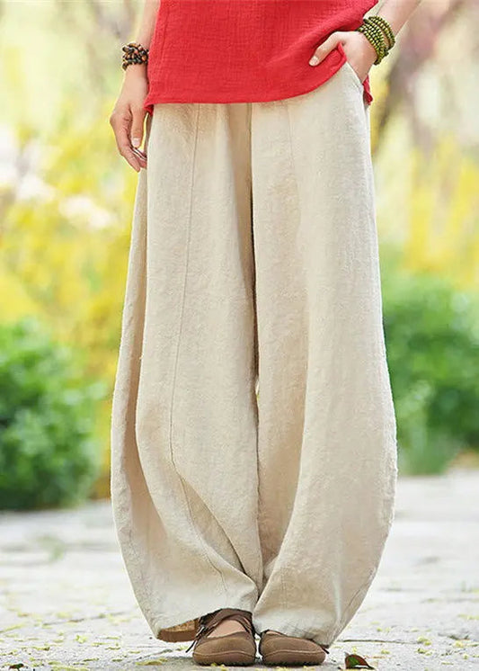 Loose Apricot Pockets Elastic Waist Linen Pants Summer Cg1057